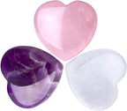 QINJIEJIE 1.2" Large Heart Crystals Rose Quartz Amethyst Healing Clear Crystal Heart Shape Love Stones Gemstones Stone Stocking Stuffers Polished Thumb Gemstones Therapy Energy Balancing Gifts 3 Pcs