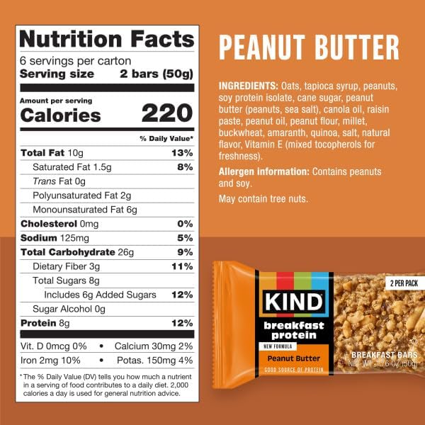 KIND Breakfast Protein Bars, Peanut Butter, Gluten Free, Low Sodium, Healthy Snacks, 8g Protein, 30 Count (30 Packs of 2 Bars)