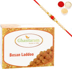 Ghasitaram Gifts Rakhi Gifts for Brothers Rakhi Sweets - Ghasitaram's Special Besan Laddoo (200 GMS) with Beads Rakhi