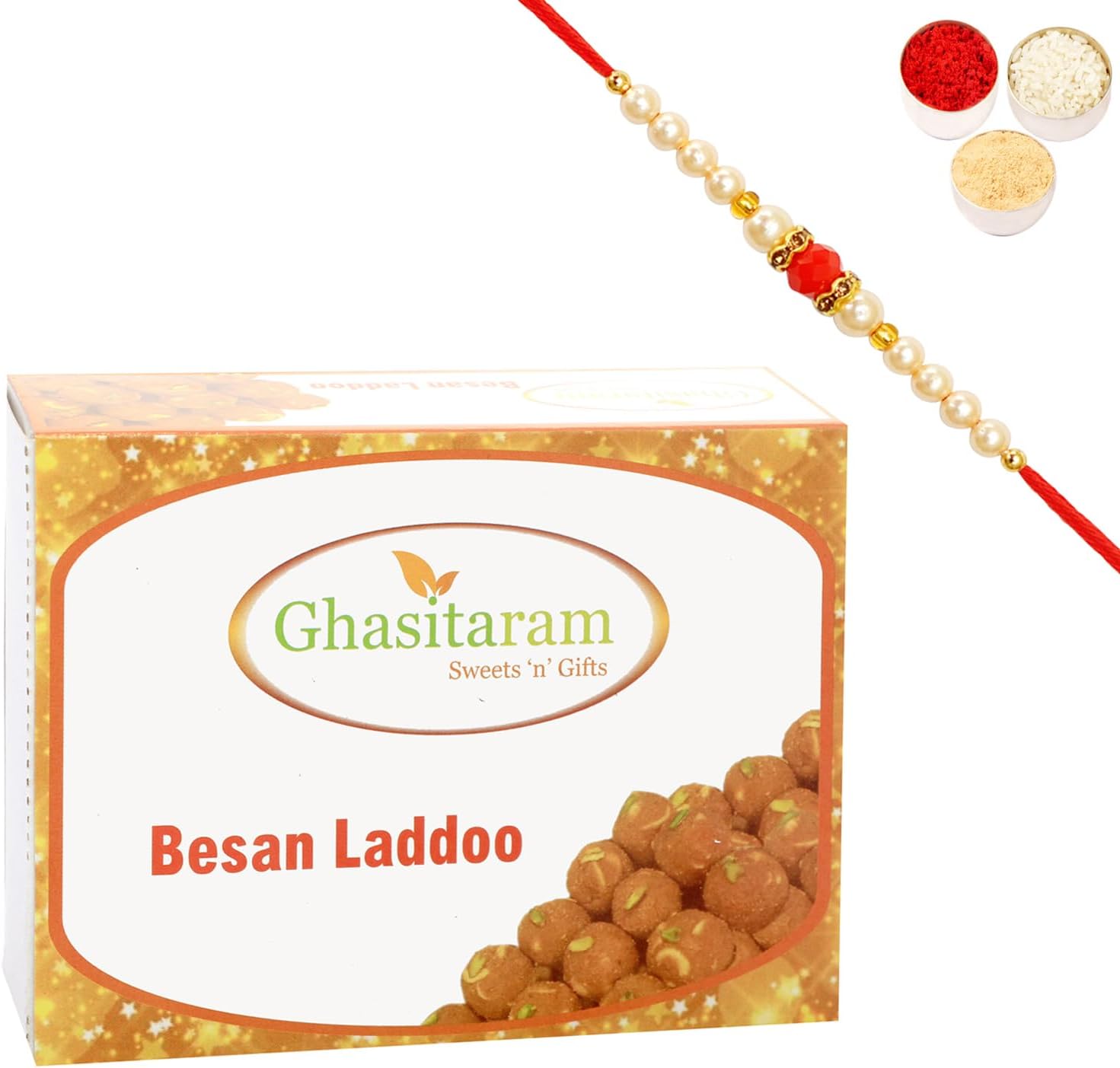 Ghasitaram Gifts Rakhi Gifts for Brothers Rakhi Sweets - Ghasitaram's Special Besan Laddoo (200 GMS) with Beads Rakhi