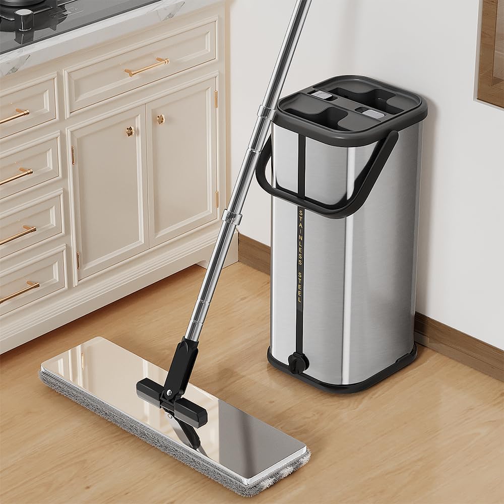 Premium Stainless Steel Microfiber Flat Mop for Floor Cleaning - 360° Pivot Head, Lightweight, Washable Pads - Includes 4 Reusable Absorbent Mop Pads (Silver)