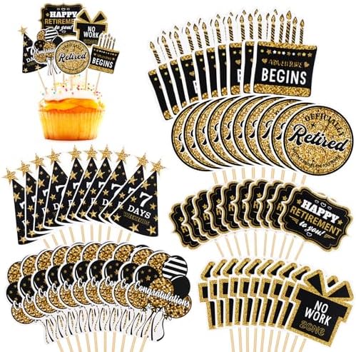 60 Pcs Happy Retirement Cupcake Toppers, Gold Retired Cake Picks for Party Decoration - Birthday Cake Topper Supplies