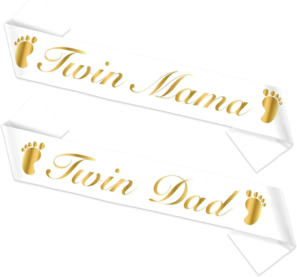 Twin Mama Dad Sash Set, Two Little Cuties Baby Shower Decorations Golden He or She Neutral Twins Gender Reveal Newborn Party Photo Props for Future Mom Daddy