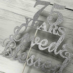 JIEEIN 75 Years Loved & Blessed Cake Topper for 75th Birthday, Wedding Anniversary Party Decorations - Double Sided Silver Glitter