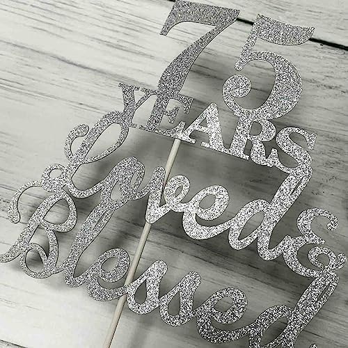JIEEIN 75 Years Loved & Blessed Cake Topper for 75th Birthday, Wedding Anniversary Party Decorations - Double Sided Silver Glitter