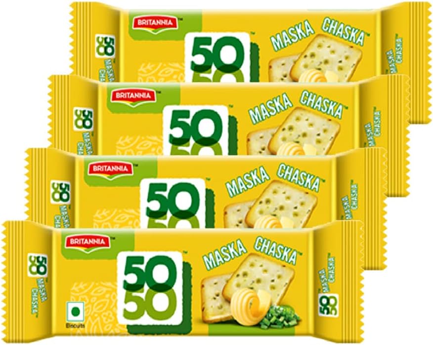 Britannia Crackers 50 50 Maska Chaska Biscuit 2.19oz (62g) - Dipped in Butter and Peppered - Delicious, Light & Crispy Cookies (Pack of 4)