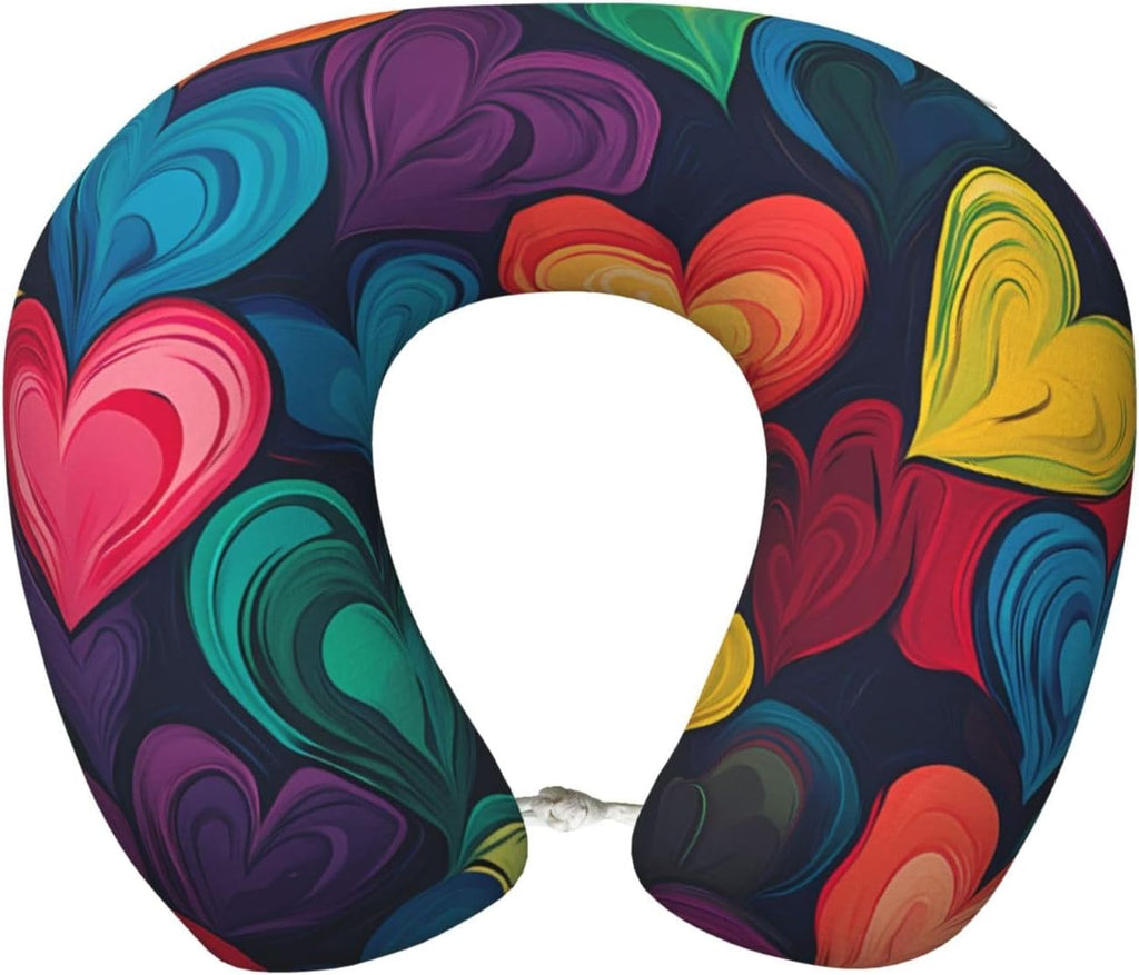 Colorful Love Hearts Memory Foam Travel Pillow, Soft U-Shaped Neck Support with Washable Cover and Adjustable Snap for Travel & Rest