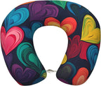Colorful Love Hearts Memory Foam Travel Pillow, Soft U-Shaped Neck Support with Washable Cover and Adjustable Snap for Travel & Rest