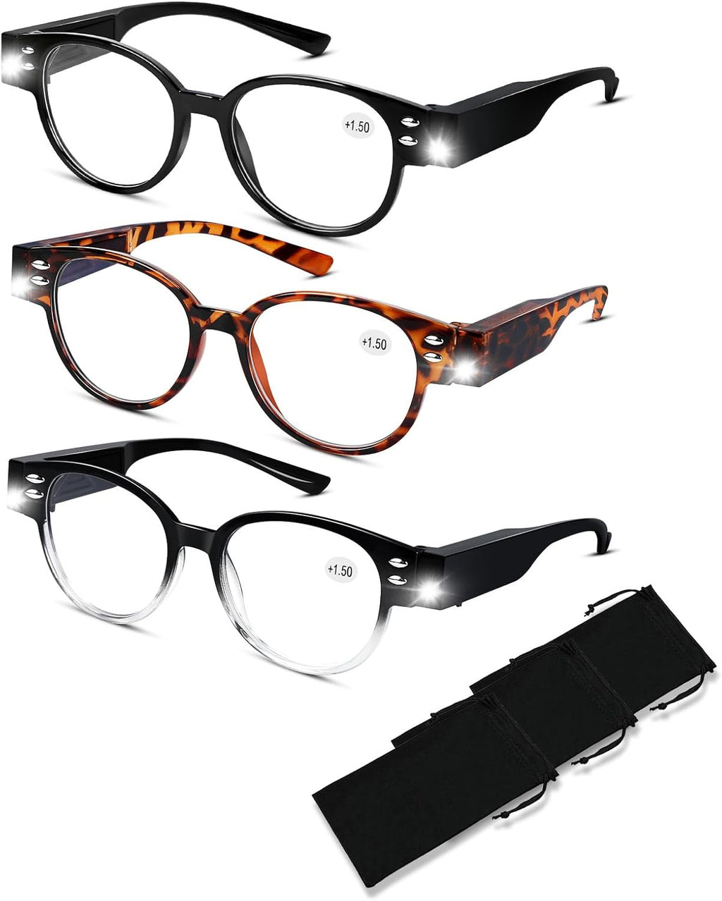 3 Pack Lighted Reading Glasses Bright LED Readers with Lights Reading Glasses with Light and Magnifying Blue Light Blocking Glasses for Men Women Eyeglasses Lighted Magnifier Nighttime Reader+1.5