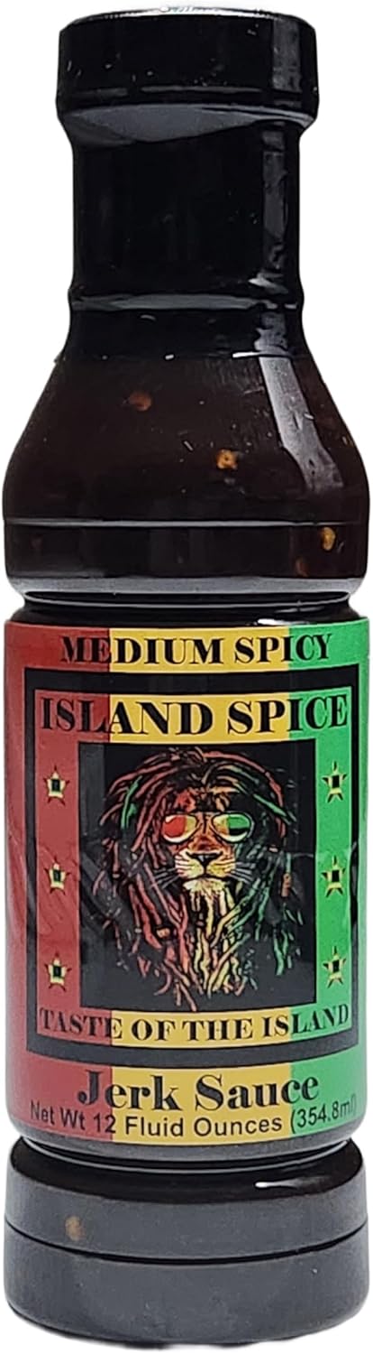 Island Spice “Taste of the Island” Jerk Sauce (Medium Spicy), Jamaican BBQ Sauce, Perfect Condiment for Chicken Pork Beef Seafood Burgers and Vegetables, 12oz