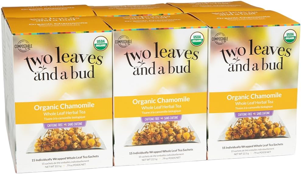 Two Leaves and a Bud Organic Chamomile Tea Bags, Naturally Caffeine Free, Whole Leaf Herbal Chamomile Tea in Compostable Sachets, 15 Count (Pack of 6)