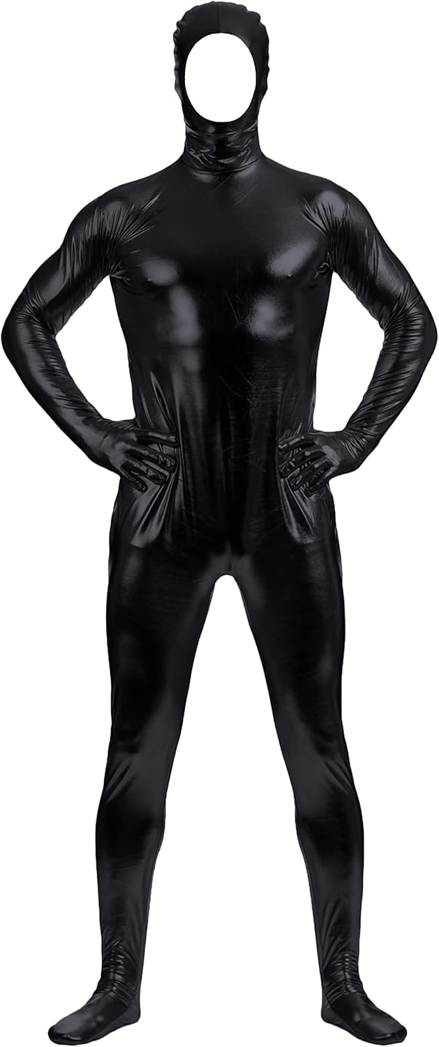 Aniler Men's and Women's Shiny Metallic Open Face Zipper Stretchy Zentai Bodysuit