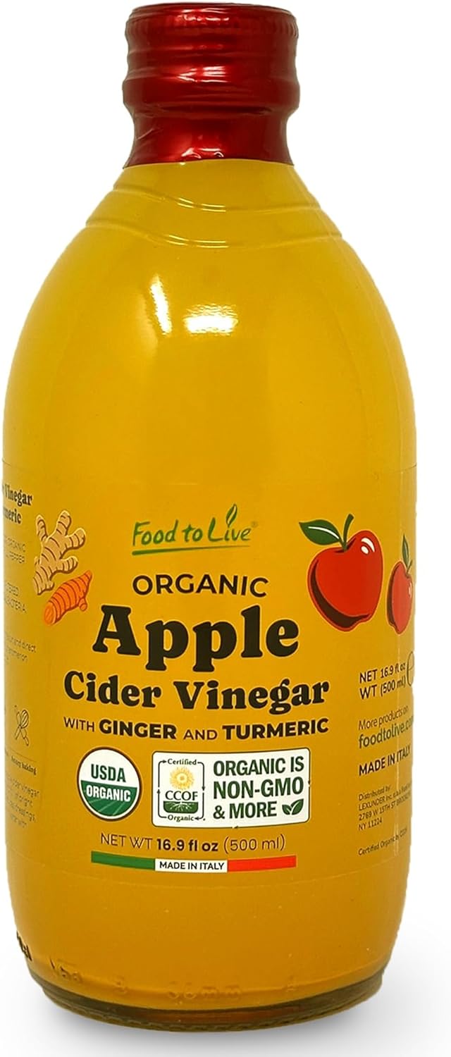 Food To Live Organic Apple Cider Vinegar with Ginger and Turmeric, 500 ml – Raw, Italian, Unfiltered, Unpasteurized, Non-GMO, Vegan, Bulk, Glass Bottle (Pack of 1)