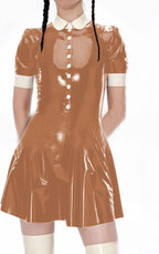 Female Turndown Collar Leather Dress Casual Short Sleeve Mini Dress Buttons PVC Dress,Light Brown,S