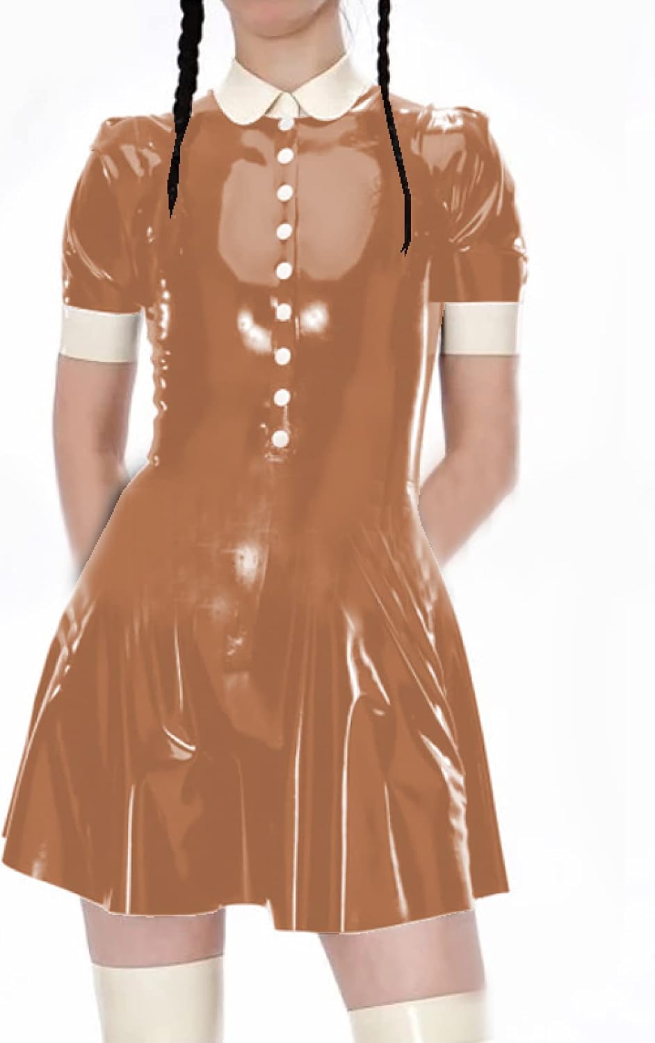 Female Turndown Collar Leather Dress Casual Short Sleeve Mini Dress Buttons PVC Dress,Light Brown,S