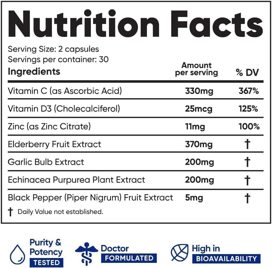 Immuneti Advanced Immune Support – Doctor Formulated 6-in-1 Daily Immunity Supplement – Made in USA – With Vitamin C, D3, Zinc, Elderberry, Garlic & Echinacea - Vital Nutrients & Antioxidants (1)
