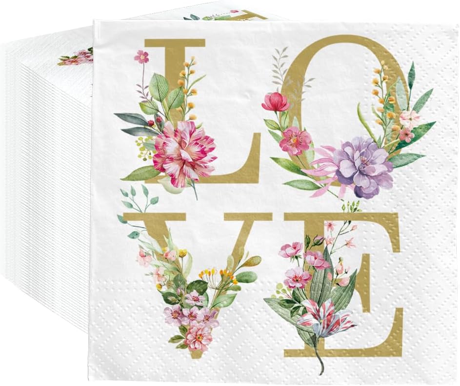 PAW - 100 Pack Love Cocktail Napkins 5'' x 5'', Disposable Beverage Napkins with Floral Love Motive, Paper Towels for Wedding, Birthday, Bridal, Party, Decoupage, Decorative Supplies