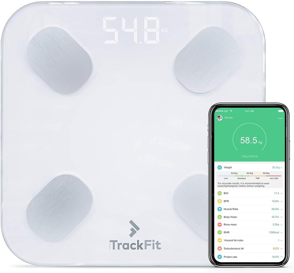 FitTrack Dara Smart BMI Digital Scale - Measure Weight and Body Fat - Most Accurate Bluetooth Glass Bathroom Scale (White)