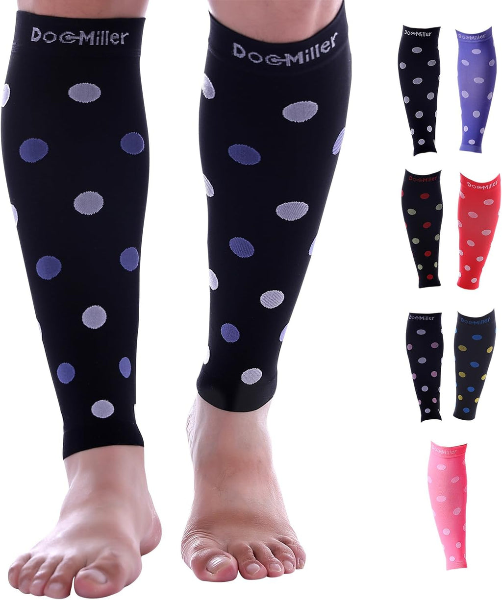 Doc Miller Calf Compression Sleeve for Women & Men, Footless 20-30mmHg Support for Shin Splints, Varicose Veins, Nurses, Running, Leg Pain Relief, Polka Dots, 1 Pair