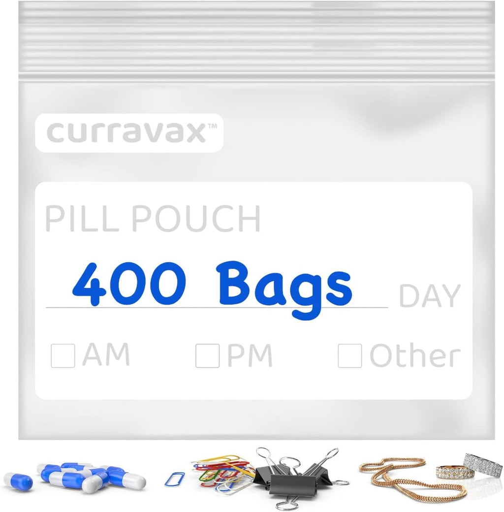 Pill Bags for Travel Pill Pouch Organizer Pack of 400 BPA Free 3 x 2.75 inch Pill Pouches for Medicine Reusable with Write on Label & Waterproof Zipper Seal AM PM Pill Baggies for Vitamins by CURRAVAX