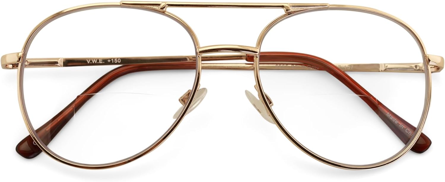 V.W.E. Clear Lens Bifocal Classic Metal Reading Glasses - Spring Hinge Tear Drop Reader