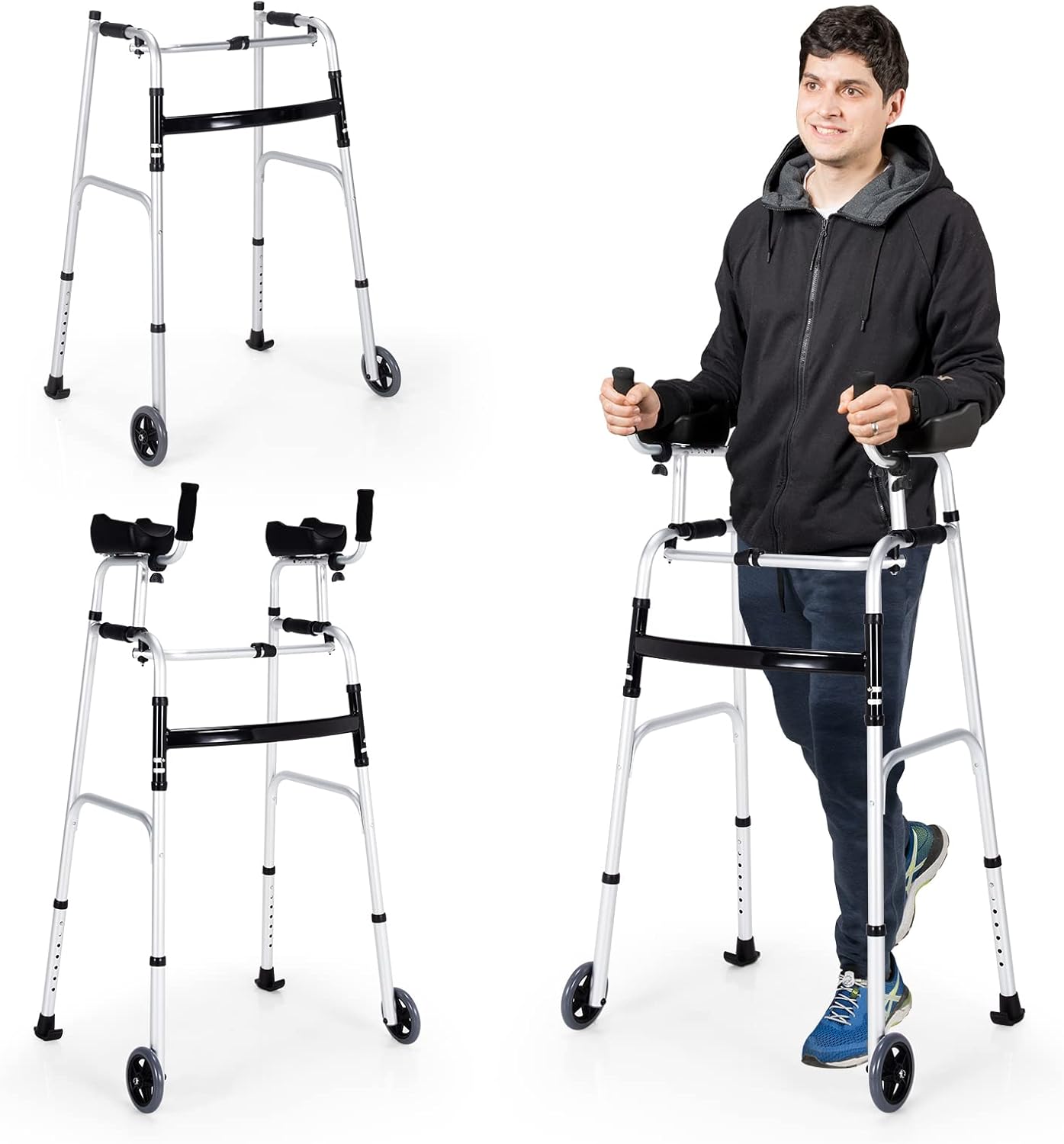 Goplus Walkers for Seniors, Foldable Standard Walker with 5’’ Wheels and Removable Padded Armrests 220lbs, Lightweight Walking Mobility Aid, Folding Platform Walker for Elderly, Handicap, Disabled