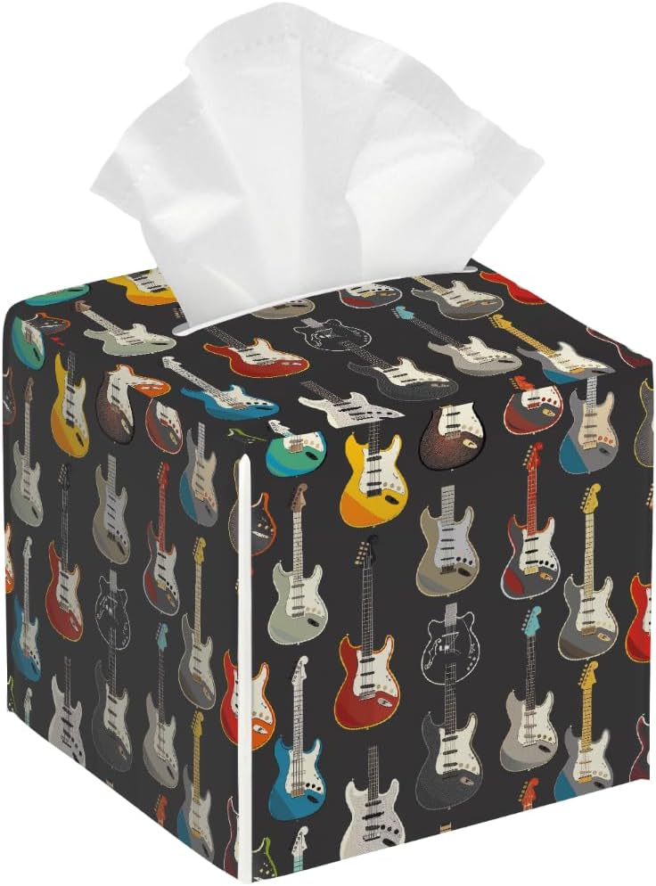 Retro Music Guitar Print Tissue Box Cover Leather Tissue Box Case Holder Decorative Facial Paper Organizer for Car Bathroom Tabletop