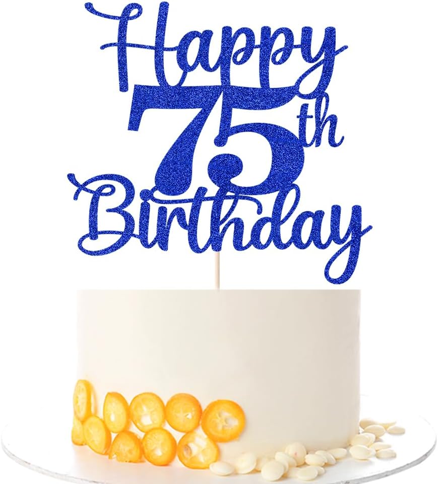 Kaoenla Glitter Happy 75th Birthday Cake Topper,Hello 75，Cheers to 75 Years,75th Anniversary /75 years old birthday Party Decor (75th, blue)