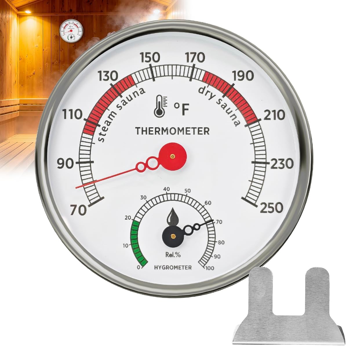 YIGNEY Sauna Thermometer and Hygrometer Combo – Stainless Steel Sauna 2 in 1 Fahrenheit Thermometer Hygrometer, with Color-Coded Dial 5" Large Display, for Home Spa, Steam Rooms, Sauna Room