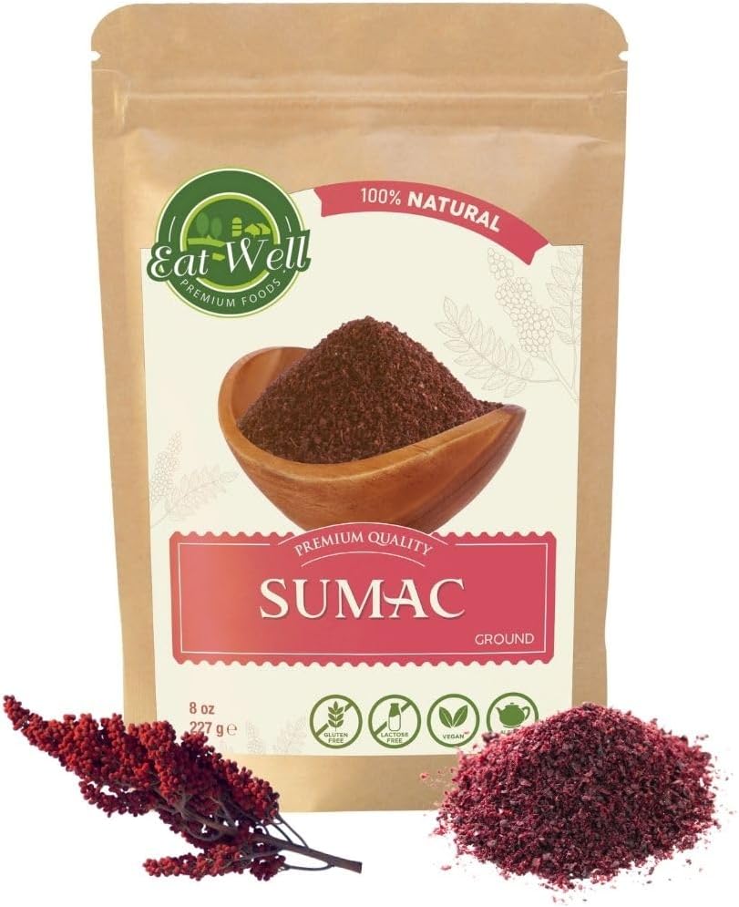 Eat Well Premium Foods Sumac Spice Powder 8 oz Ground Sumac Berries in Resealable Pack, 100% Natural Traditional Middle Eastern Spices, Sumac Seasoning with Pure Gourmet Ingredients for Cooking, Tangy and Citrusy
