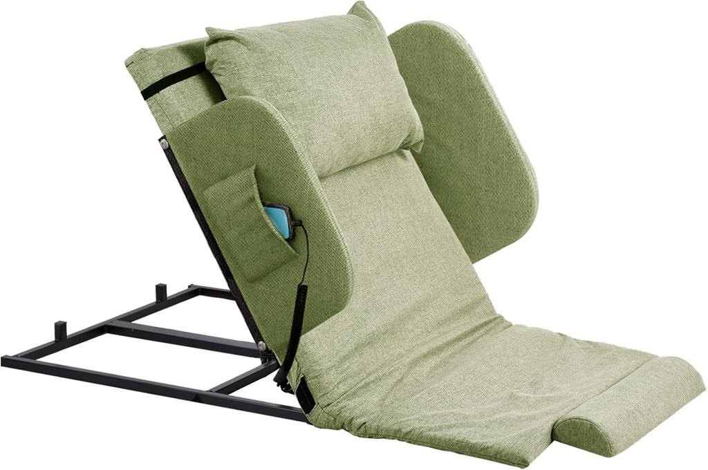 Electric Adjustable Bed Backrest with Side Handrails – 2–80° Sit-Up Backrest Chair, Remote Control, Washable Cushion & Headrest, Heavy-Duty Carbon-Steel Frame, 440 lbs Support – Green