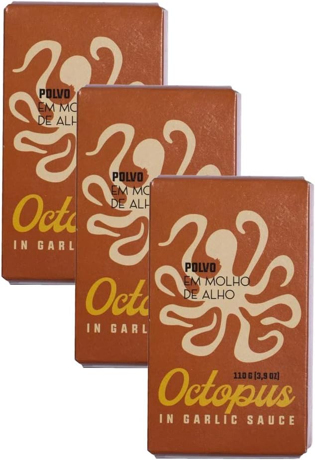 Spanish Octopus Canned in Garlic Sauce | Wild Caught, B Vitamins, Omega-3 | Tinned Seafood by Ati Manel | 3 x 110g Can