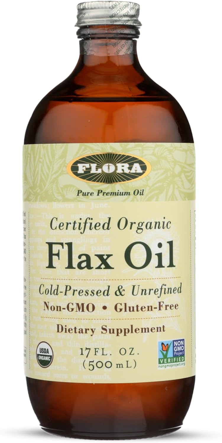Flora Certified Organic Flax Seed Oil - Cold Pressed & Unrefined - Non-GMO, Gluten-Free, Kosher Omega Flax Oil Blend - Essential Fatty Acids for Wellness - Amber Glass Bottle - 17 oz