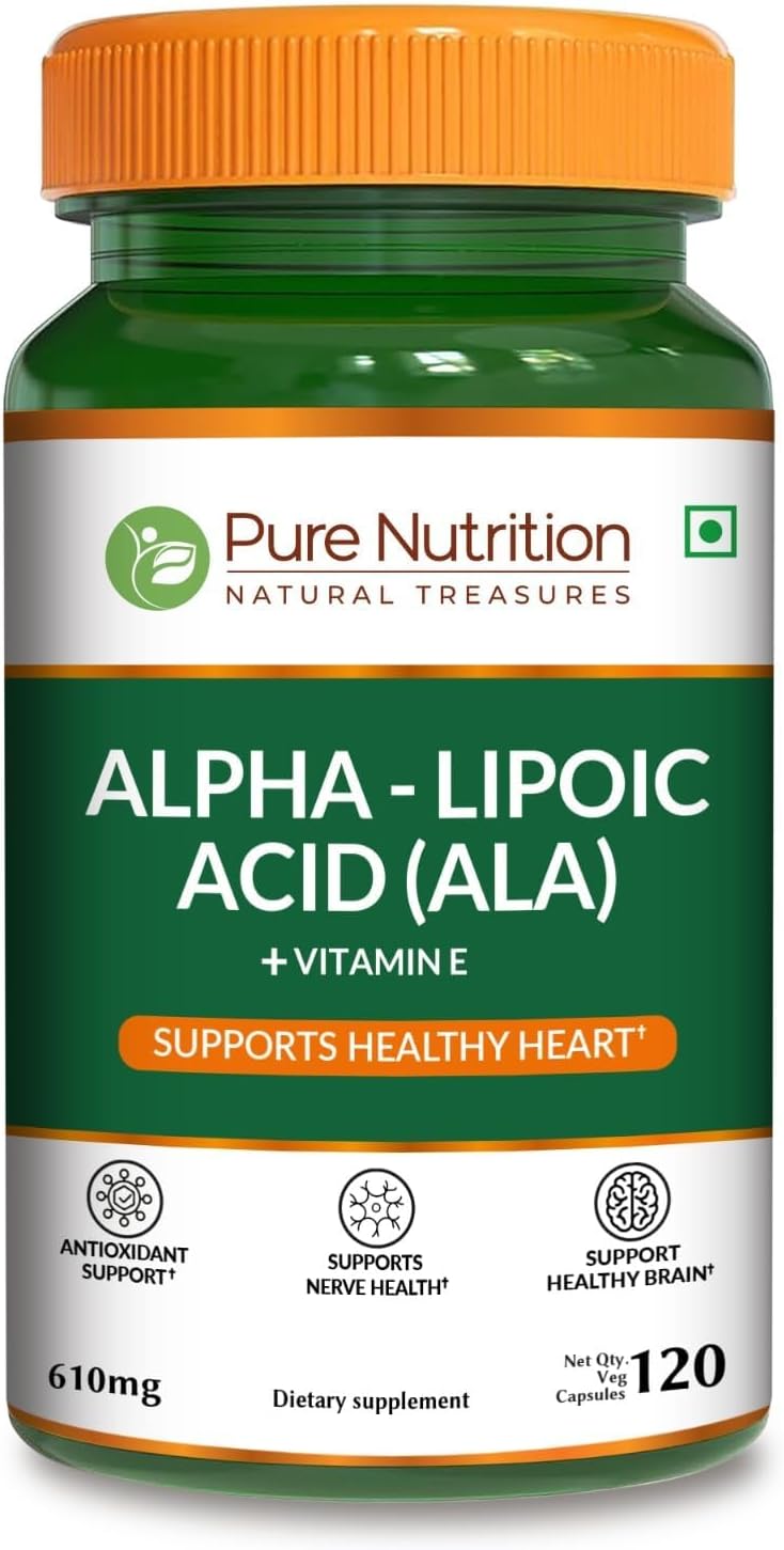 Pure Nutrition Alpha Lipoic Acid 600mg + Vitamin E | 120 Caps | Powerful Antioxidant to Support Nerve & Heart Health*. | Non-GMO