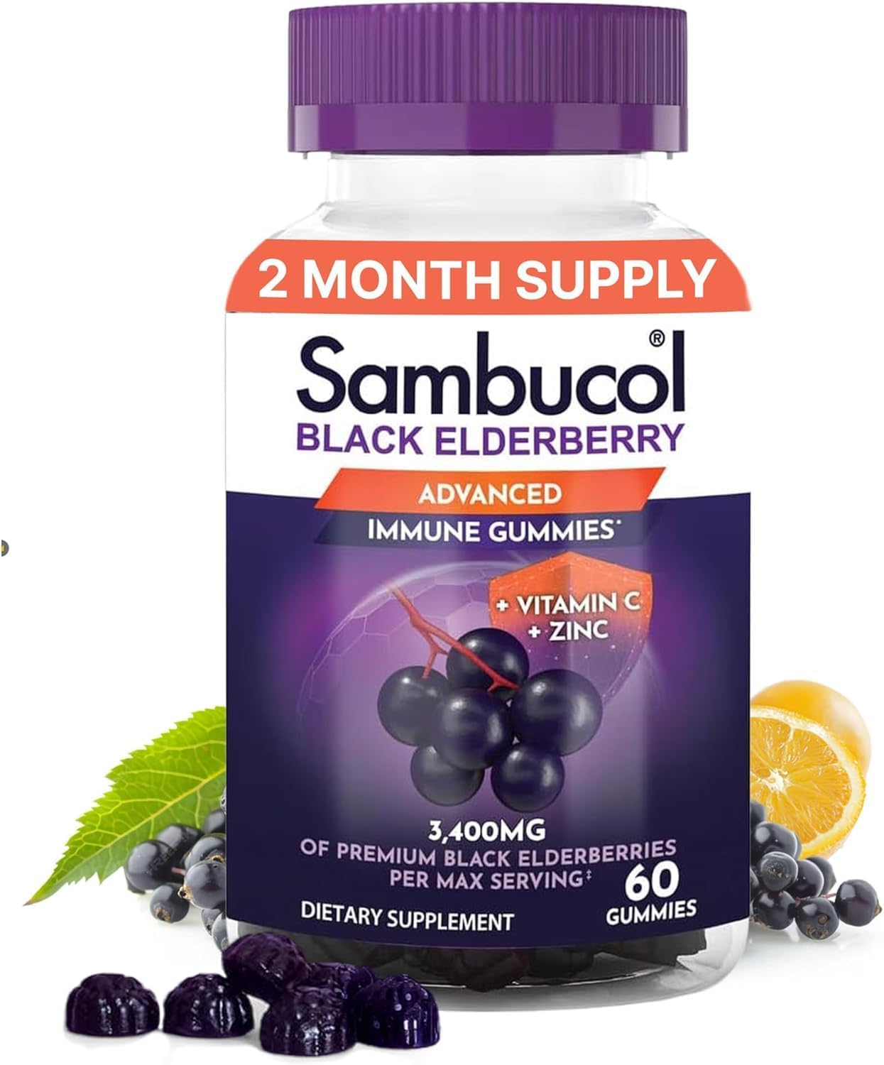 Sambucol Elderberry Gummies - Immune Support Supplement for Adults with Vitamin C & Zinc, Sambucus Elderberry with High Antioxidants, Gluten Free, Vegan - 60 Count