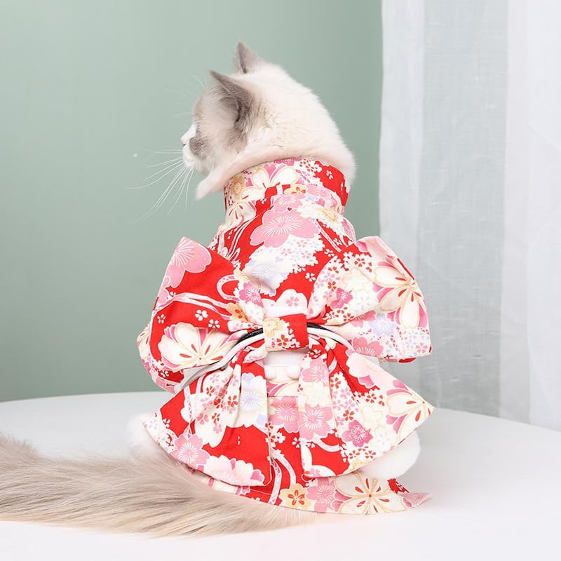 Cute Cat Kimono Dress SakuraFlower Pattern with Bowtie Pet Photo Cat Halloween Costume Cat Princess Cute Cat Outfit (Red,S-3to7lb)