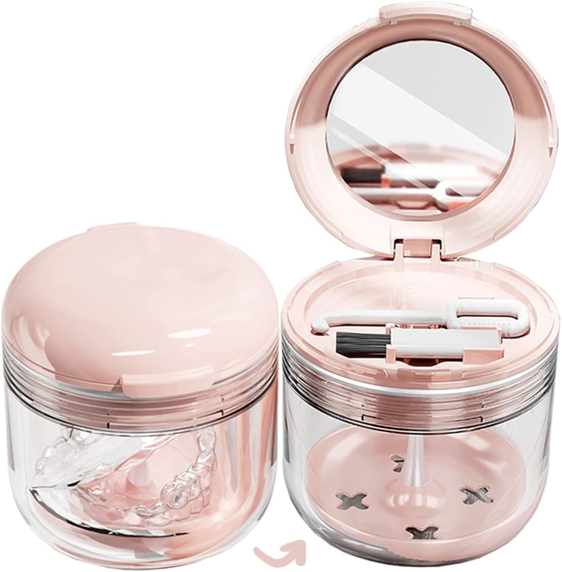 MURRI&MURRDI Retainer Mouth Guard Soak Container Box, Denture Bath Case with Strainer Basket, Braces Cleaner Cup Leak Proof, Travel Cleaning Storage Holder for Aligners Dental, Pink