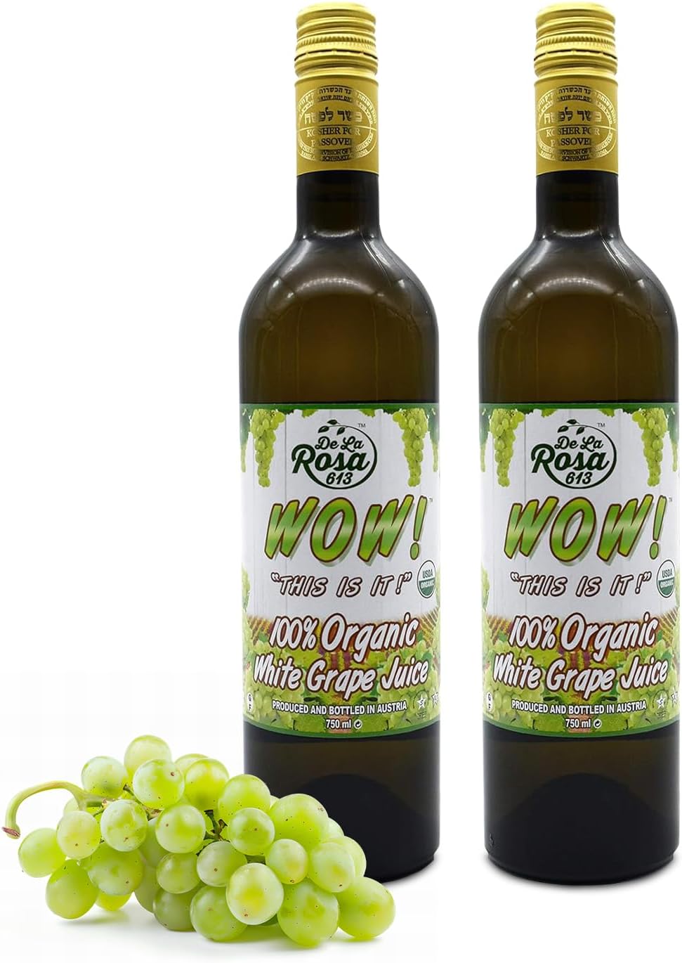 De La Rosa Organic White Grape Juice, Kosher, Non-GMO & Gluten Free, Austrian White Grape Juice, No Preservatives or Sulfites, No Water Added, 25.4 Oz Glass Bottle (Pack of 2)