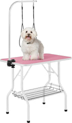 Yaheetech 36'' Dog Grooming Table, Adjustable Pet Foldable Grooming Table w/Double Loops/Mesh Tray Maximum Capacity Up to 220lbs, Pink