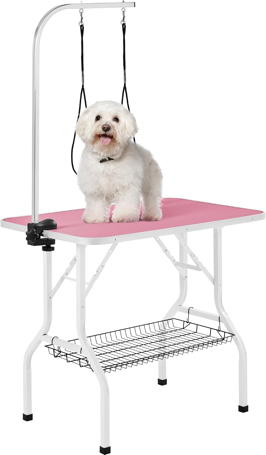 Yaheetech 36'' Dog Grooming Table, Adjustable Pet Foldable Grooming Table w/Double Loops/Mesh Tray Maximum Capacity Up to 220lbs, Pink