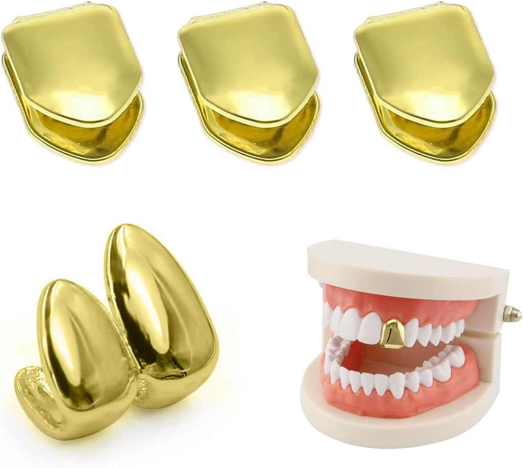 Teeth Single Tooth Cap Gold Caps for Women and Men Hip Hop Grillz Dental Mouth Piece Fake Open Face Grills Kit Stylish Golds for Girls Painted Hip Hop Accessories