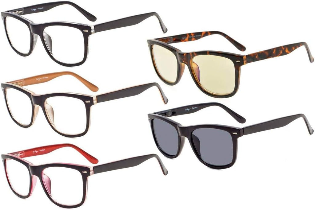 Eyekepper 5-pack Readers Square Large Lenses Spring-Hinges Reading Glasses Include Computer Glasses Men Women +0.75
