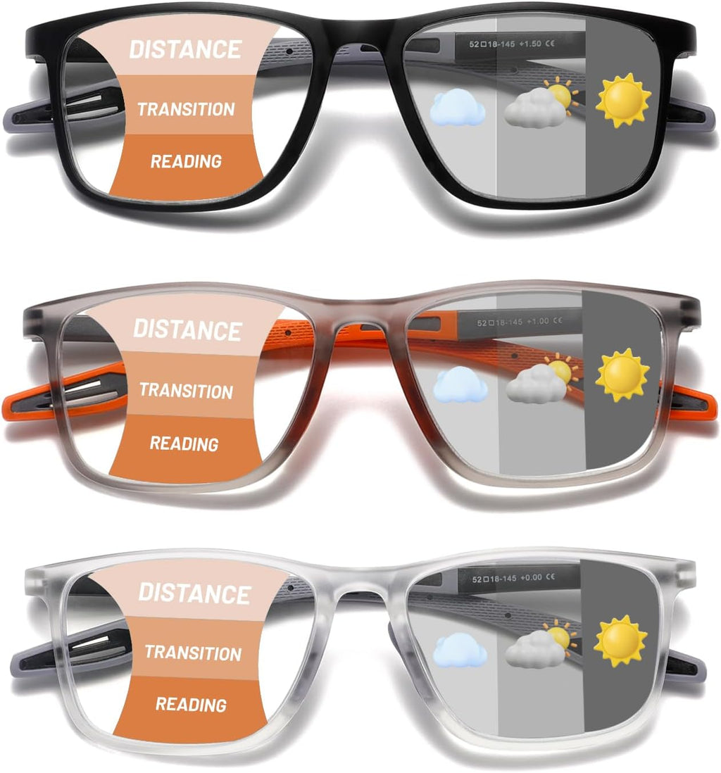 Hubeye Photochromic Progressive Reading Glasses for Men and Women Ultralight Flexible Anti-Blue Light Readers（Clear+Black+Orange，+1.5）