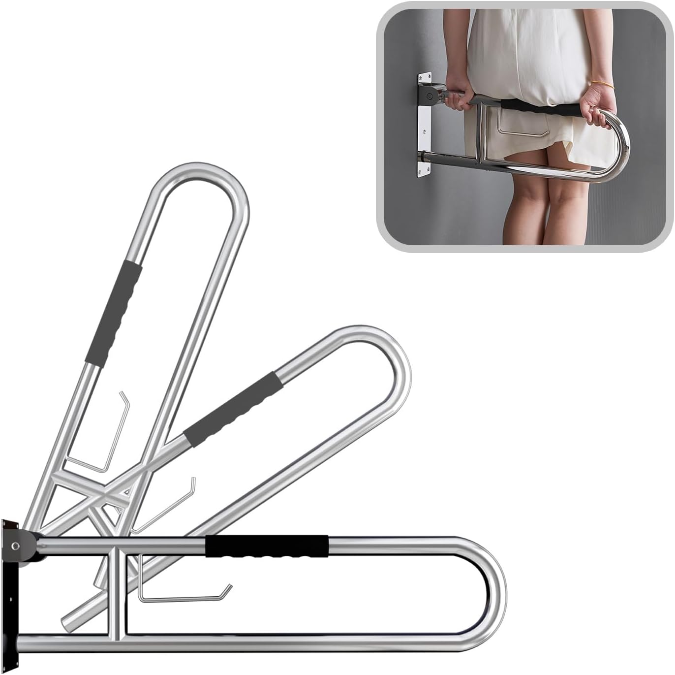 Toilet Grab Bar 31 Inch, BVTOURA Flip-Up Safety Rail with Soft Silicone Anti-Slip Finger-Grip Handle and Paper Holder, Stainless Steel U-Shaped Support Bar for Elderly Disabled, Brushed Nickel