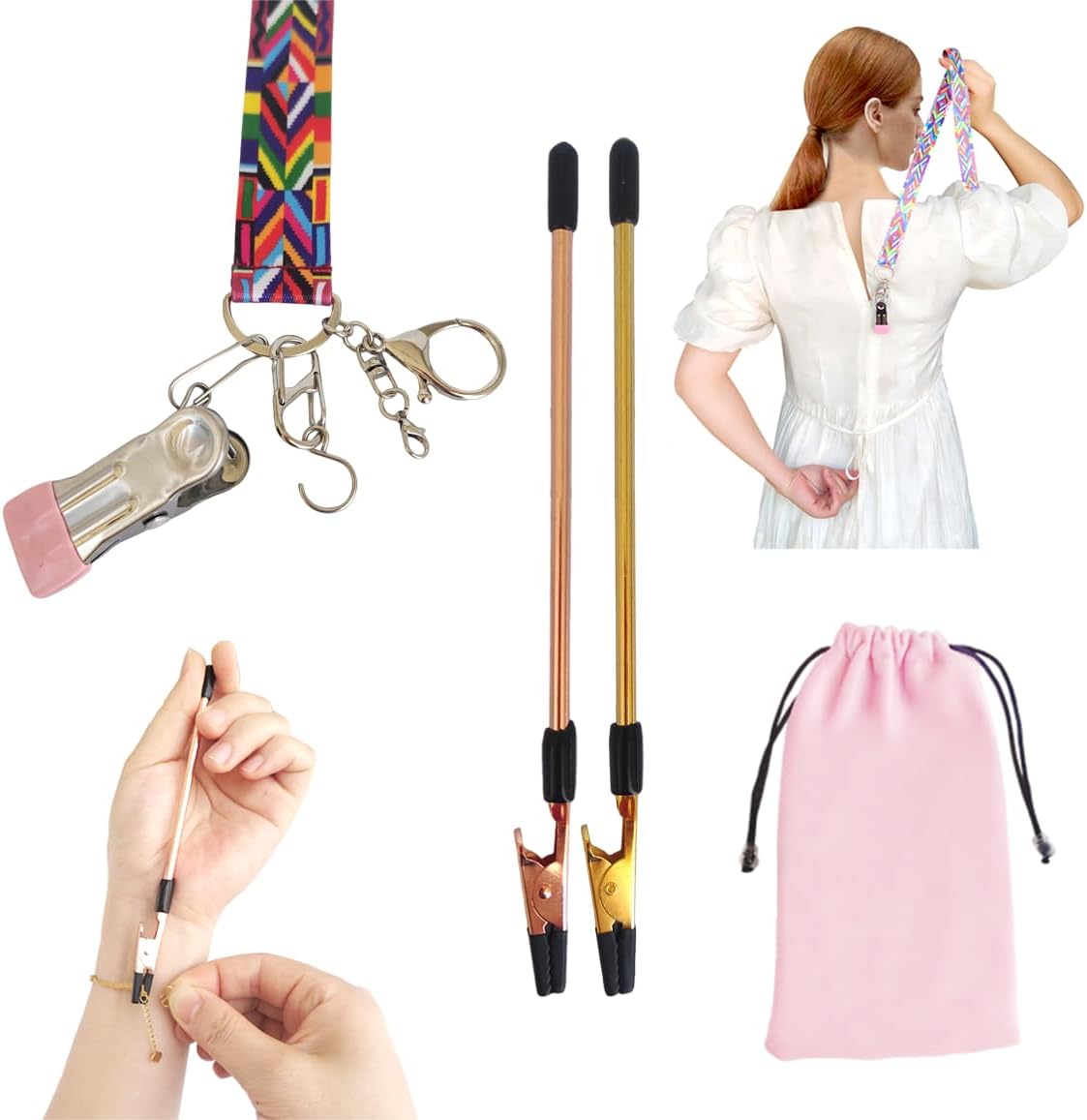 Zipper Helper Pull for Dresses + Bracelet Helper Set, Dress Zipper Helper with 3 Different Hooks, Necklace/Jewelry/Watch/Bracelet Clasp Helper