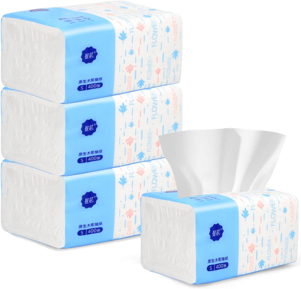 4 Packs Small Soft Facial Tissue, Toilet Paper, Disposable Napkin, Bag Cover, Not Box, Material Wood Pulp Fiber NOT COTTON, White Facial Paper Tissues, 5-Ply, 400 Sheet per Pack