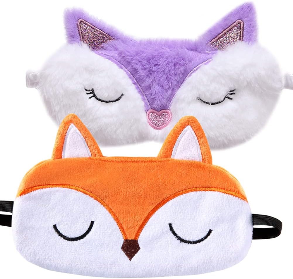 Shinywear Kids Sleep Mask, 2 Pcs Fox Eye Mask for Girls Boys Women, Cute Sleeping Mask, Soft Plush Blindfold Eye Mask Covers for Sleep