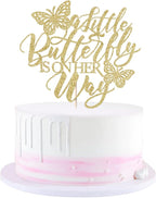 A Little Butterfly is on Her Way Cake Topper,Butterfly Themed Cake Decoration，Great for baby shower, welcome baby, gender reveal party decoration supplies (gold)