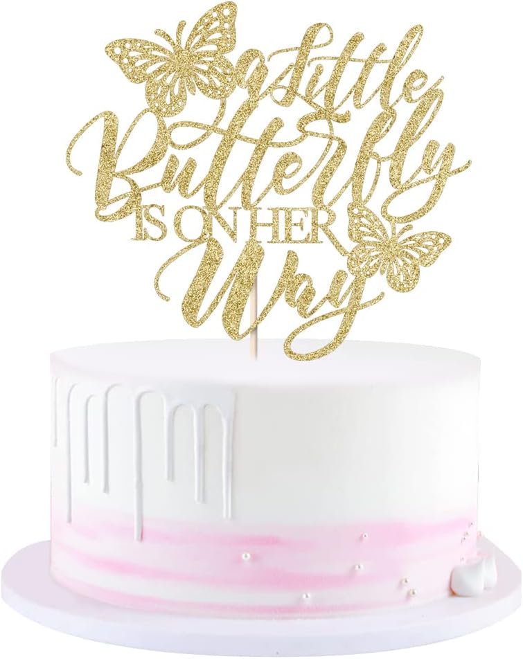 A Little Butterfly is on Her Way Cake Topper,Butterfly Themed Cake Decoration，Great for baby shower, welcome baby, gender reveal party decoration supplies (gold)