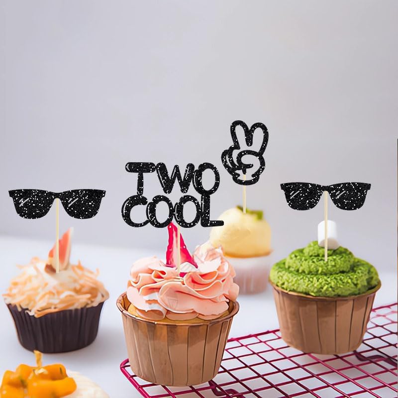 24Pcs Black Gold Glitter Two Cool Cupcake Toppers, Happy 2nd Birthday Cake Picks Baby Shower Kids Second Birthday Party Cake Decorations